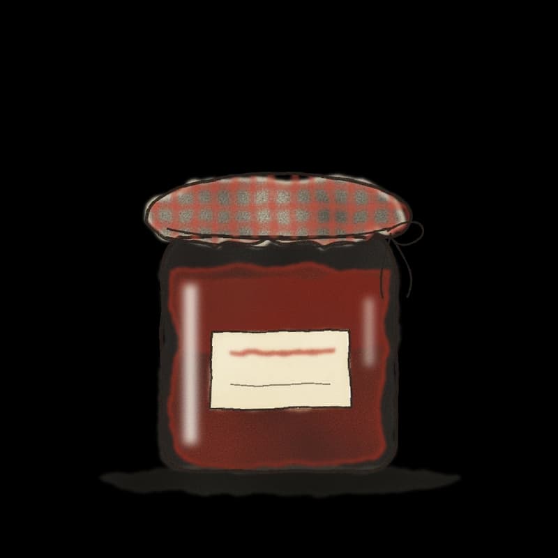Ink and watercolor drawing of a jar of preserves with a gingham cover