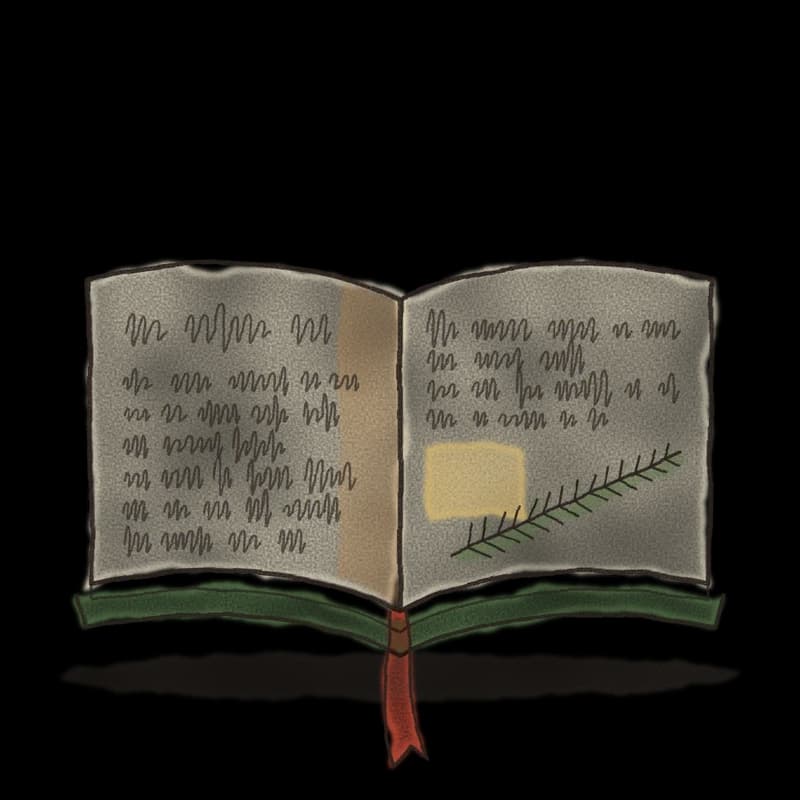 Ink and watercolor drawing of an open family cookbook with a ribbon