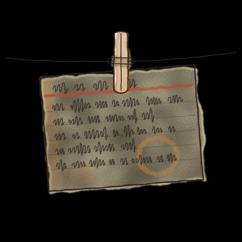 Ink and watercolor drawing of a handwritten recipe card on a clothespin