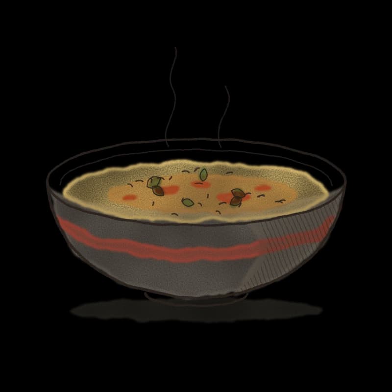 Ink and watercolor drawing of a bowl of dal with cumin and cilantro