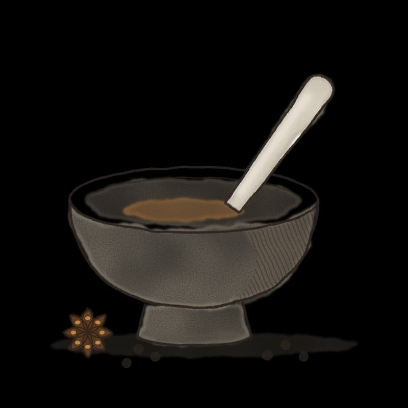 Ink and watercolor drawing of a mortar and pestle with star anise