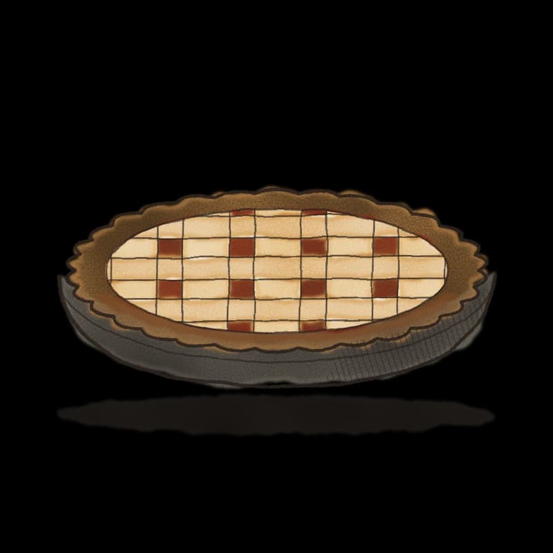 Ink and watercolor drawing of a lattice-top cherry pie