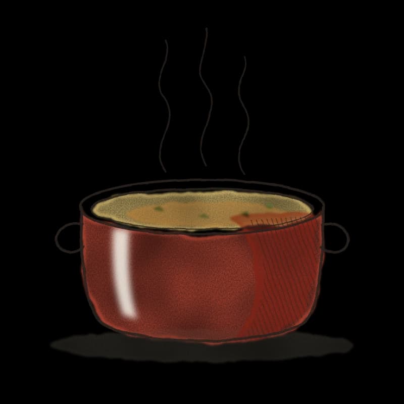 Ink and watercolor drawing of a steaming red pot