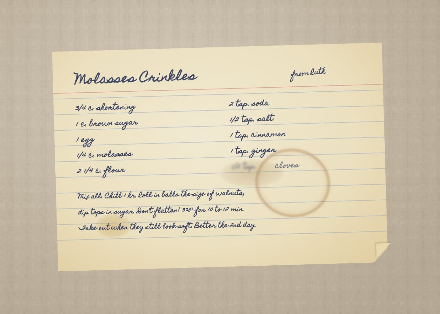 Sample card: Nana Ruth's molasses crinkles, blue ink, a coffee ring over the spices.